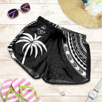 Women’s black rugby sevens shorts with palm logo, white geometric trim, drawstring waist