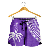 Women's purple rugby sevens shorts with palm graphic, white trim, drawstring waist