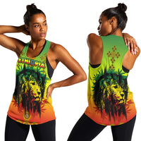 Women’s racerback tank with “ETHIOPIA” text and colorful lion graphic, green and orange front