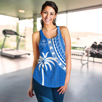 Blue women's racerback tank with white tapa pattern and palm tree graphic