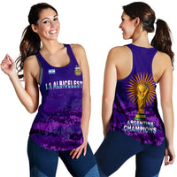 Purple Women's racerback tank top with front LA ALBICELESTE and back trophy ARGENTINA CHAMPIONS.