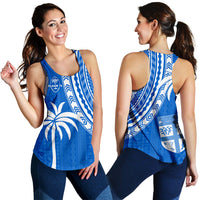 Blue women's racerback tank, back view, with white tapa stripes and crest patch