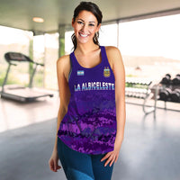 Purple Women's racerback tank top front with AFA crest and LA ALBICELESTE graphic.