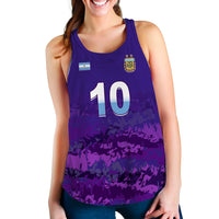 Purple women’s racerback football tank with Argentina badge, flag patch, and #10