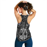 Black racerback tank, back print with Viking helmet and rune symbols