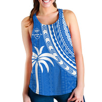 Blue women's racerback tank with white geometric tapa lines and palm tree artwork