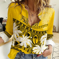 Personalised Fiji Day Women Casual Shirt Flying Fijians Masi Kesa Style - Gold - Wonder Print Shop
