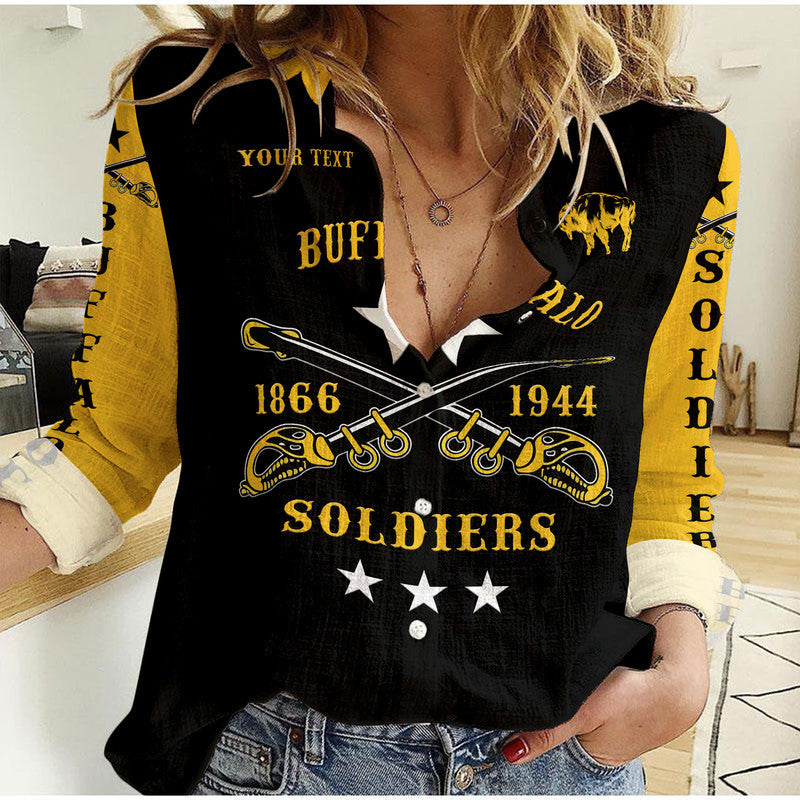 custom-personalised-buffalo-soldiers-woman-casual-shirt-african-american-military-simple-style-black-gold