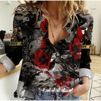Women's casual shirt with black skull camo print and red flower accents
