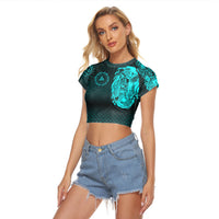 Viking Clothing Viking Odin Raven Tattoo Style Cyan Version Raglan Cropped T shirt RLT12 - Wonder Print Shop