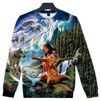 Wolf, Dreamcatcher and Native American Women Sweatshirt LT10 - Wonder Print Shop