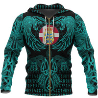 Viking Denmark Zip Hoodie Valknut of Odin Cyan RLT12 - Wonder Print Shop