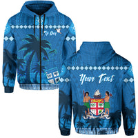Blue pullover hoodie with drawstring hood and crest graphic, 'Your Text' on front