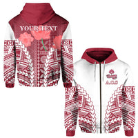 Custom zip hoodie with maroon hood, white body, red patterned sleeves and front graphic