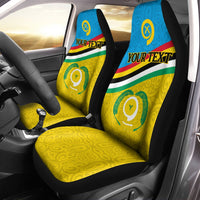 Vanuatu flag seat covers: blue back, yellow pattern, 'YOUR TEXT' and circular emblem