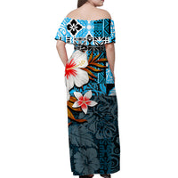 Back view off-shoulder Hawaiian maxi dress with blue hibiscus and tropical motifs
