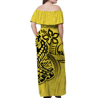 Yellow off-shoulder maxi dress back view with black hammerhead tribal print