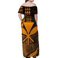 Back view off-shoulder Hawaiian maxi dress, black and amber geometric emblem