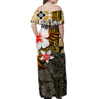 Off-shoulder Hawaiian maxi dress, back view, gold and black floral tribal print