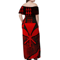 Back view off-shoulder Hawaiian maxi dress, red and black tribal motif