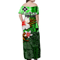 Green off-shoulder maxi dress back view with hibiscus flowers and black hammerhead shark print