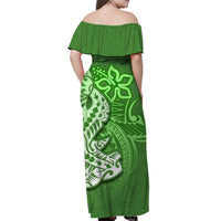 Green off-shoulder maxi dress back view with hammerhead shark Polynesian motif