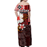 Back view off-shoulder maxi dress with red, black, and white hibiscus and shark pattern