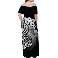 Back view off-shoulder maxi dress, black with centered white/gray shark graphic