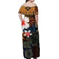 Back view off-shoulder hawaiian dress with multicolor shark and flower print