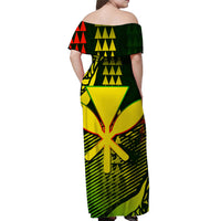 Back view multicolor off-shoulder Hawaiian maxi dress with tiki and tree-of-life print