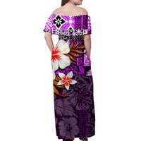 Purple off-shoulder Hawaiian maxi dress, back view, hibiscus and hammerhead shark pattern