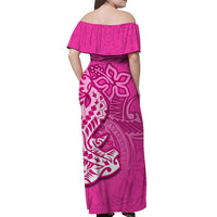 Pink off-shoulder maxi dress, back view, large tribal shark design panel