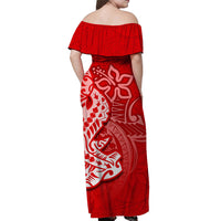 Back view red off-shoulder Hawaiian shark maxi dress with white tribal pattern