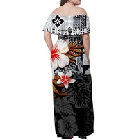 Off-shoulder maxi dress back view, black/white shark print with red hibiscus and orange