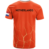 Orange football T-shirt back with NETHERLANDS text and orange/white patterned design