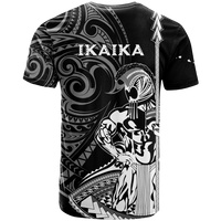 Black graphic warrior T-shirt with IKAIKA text and tribal roaring face print