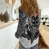 Women white casual shirt with Viking ravens and knot graphic on back