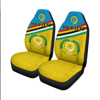 Pair of Vanuatu flag seat covers in blue and yellow, 'YOUR TEXT' on seatbacks