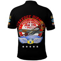 Black polo shirt back with red aircraft wings of pride Angel graphic and star text