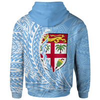 Blue pullover hoodie, back view with large Suva crest shield graphic