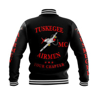 Black unisex baseball jacket with back graphic plane and red TUSKEGEE AIRMEN text