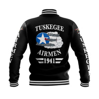 Black baseball jacket back graphic with Tuskegee Airmen crest and '1941' text, ribbed hem