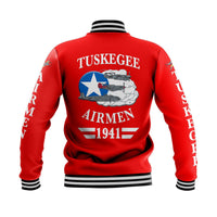Red jacket back print 'TUSKEGEE AIRMEN 1941', ribbed cuffs, striped hem band