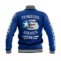 Blue baseball jacket back with Tuskegee Airmen patch graphic and striped cuffs