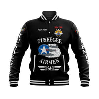 Black baseball jacket with 'YOUR TEXT' front graphic and striped ribbed collar/cuffs