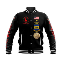Black unisex baseball jacket with custom chest patches and striped ribbed collar cuffs