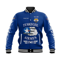 Blue baseball jacket with ribbed collar and Tuskegee Airmen front graphic