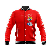 Red baseball jacket with snap front, striped collar, 'Red Tails' and Airmen patches