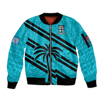 (Custom Text And Number) Fiji Rugby Tapa Pattern Fijian 7s Cyan Sleeve Zip Bomber Jacket - Wonder Print Shop