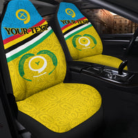 Vanuatu flag seat covers, blue/yellow design with 'YOUR TEXT' on both front seats